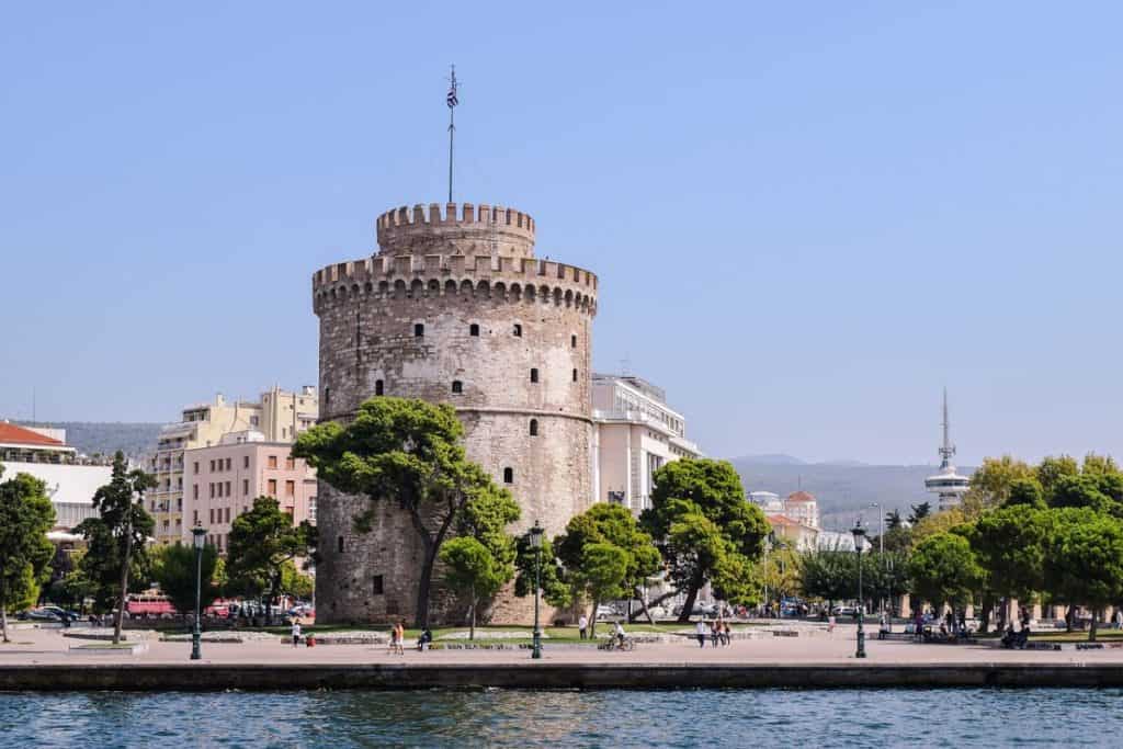 The historic White Tower along the waterfront, an affordable and culture-rich destination for Cheap Travel Destinations in Europe Summer